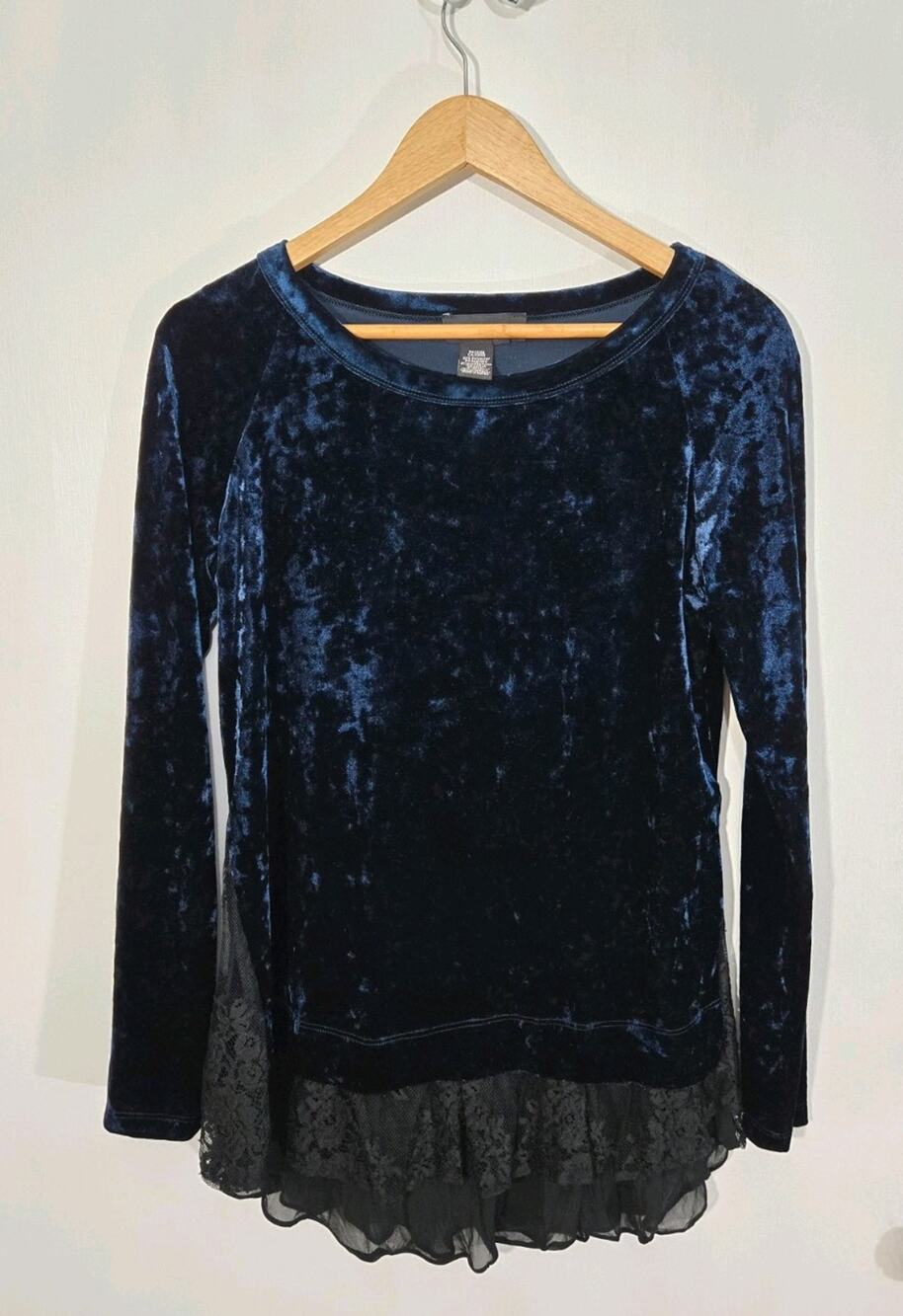Navy Blue Crushed Velvet Tunic Long Sleeve Lace Women's Medium whimsigoth fairy